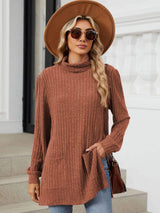 Slit Mock Neck Long Sleeve T-Shirt - Trendsi - Flyclothing LLC