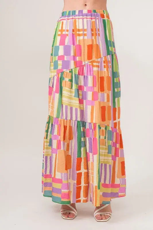 And The Why Asymmetric Geo Printed Tiered Maxi Skirt - Trendsi - Flyclothing LLC