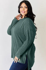 Basic Bae Full Size Ribbed Half Button Long Sleeve High-Low T-Shirt - ShopBasicbae - Flyclothing LLC