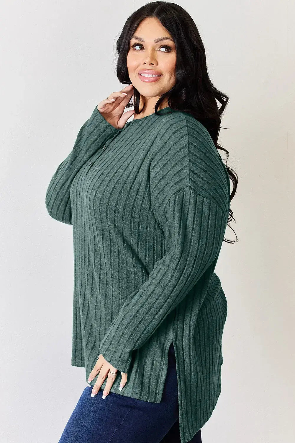 Basic Bae Full Size Ribbed Half Button Long Sleeve High-Low T-Shirt - ShopBasicbae - Flyclothing LLC