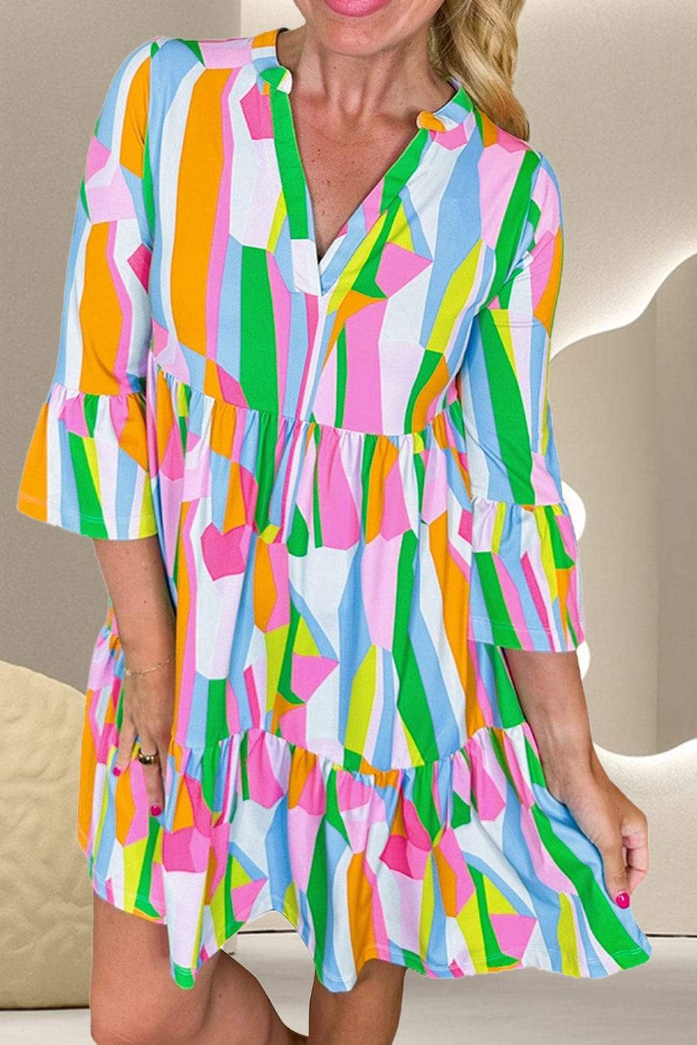 Color Block Three-Quarter Sleeve Mini Dress - Trendsi - Flyclothing LLC