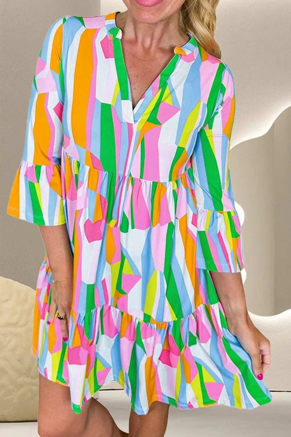Color Block Three-Quarter Sleeve Mini Dress - Trendsi - Flyclothing LLC