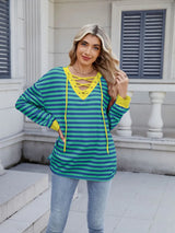 Lace-Up Striped Long Sleeve T-Shirt - Trendsi - Flyclothing LLC