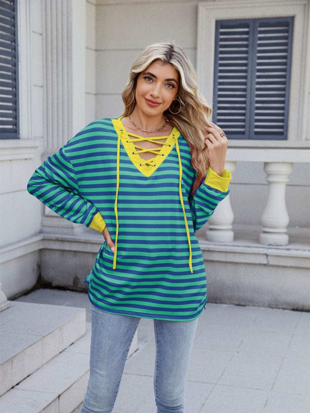 Lace-Up Striped Long Sleeve T-Shirt - Trendsi - Flyclothing LLC
