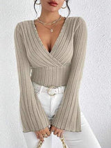 Ribbed Flare Sleeve Top - Trendsi - Flyclothing LLC
