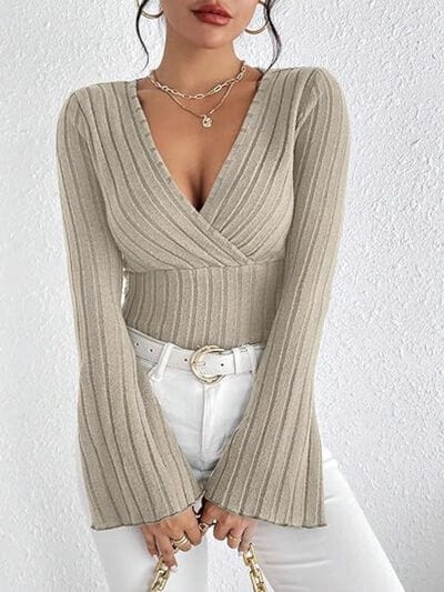 Ribbed Flare Sleeve Top - Trendsi