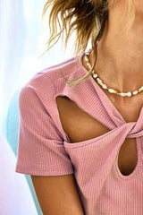 BiBi Rib Knit with Cut Out and Front Twist Detailed Top - Trendsi - Flyclothing LLC
