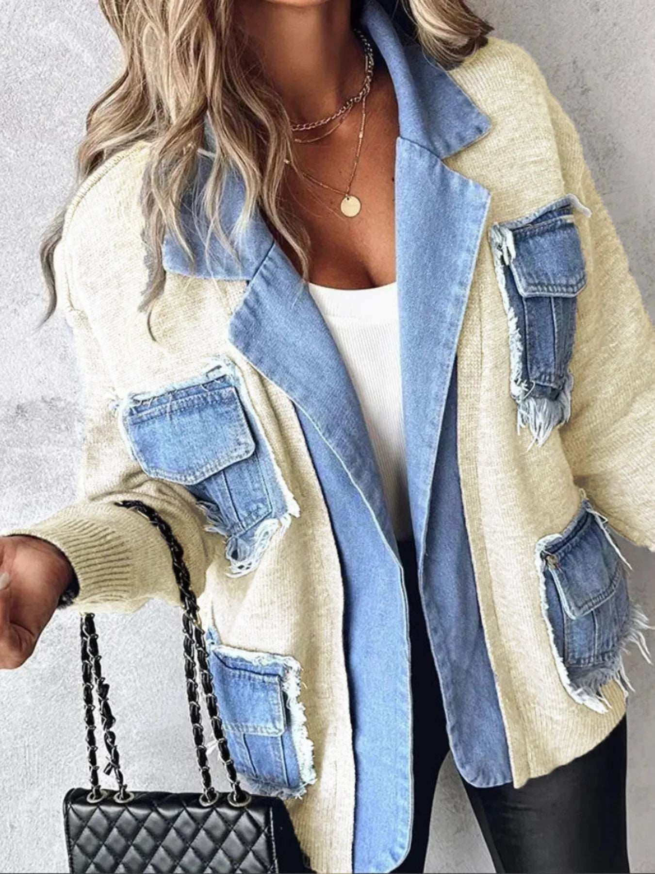 Raw Hem Denim Pocket Patchwork Cardigan - Trendsi - Flyclothing LLC