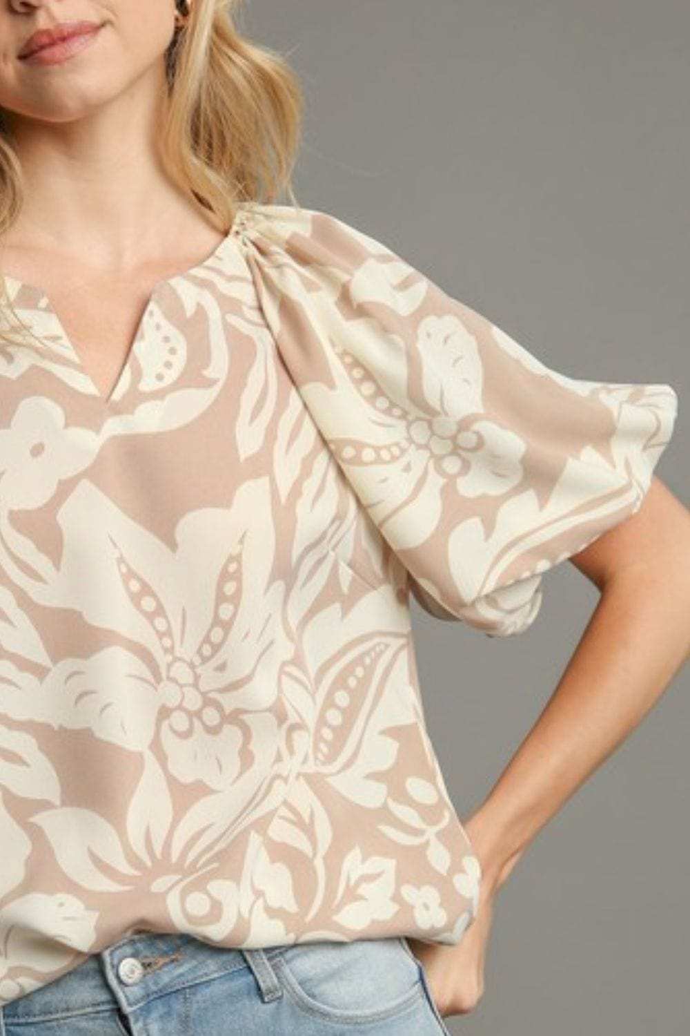 Umgee Full Size Boxy Cut Split Neck Floral Print Top Plus Size - Trendsi - Flyclothing LLC