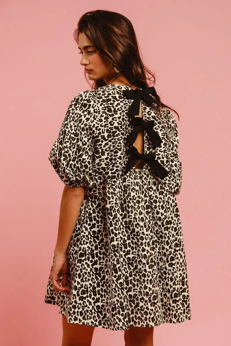 BiBi Leopard Denim Dress With Back Contrast Tie Detail - Trendsi - Flyclothing LLC