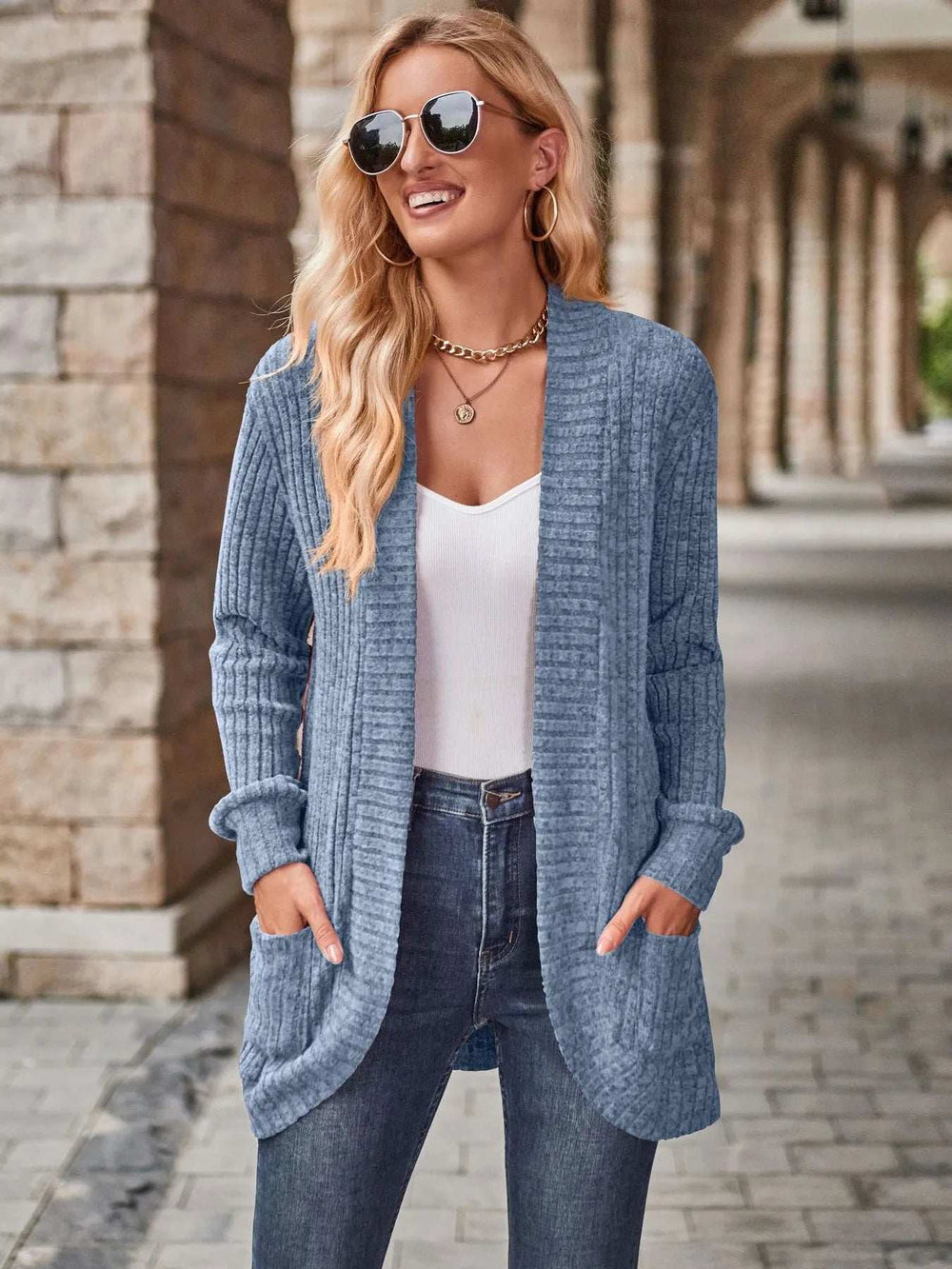 Ribbed Open Front Long Cardigan with Pockets - Trendsi - Flyclothing LLC