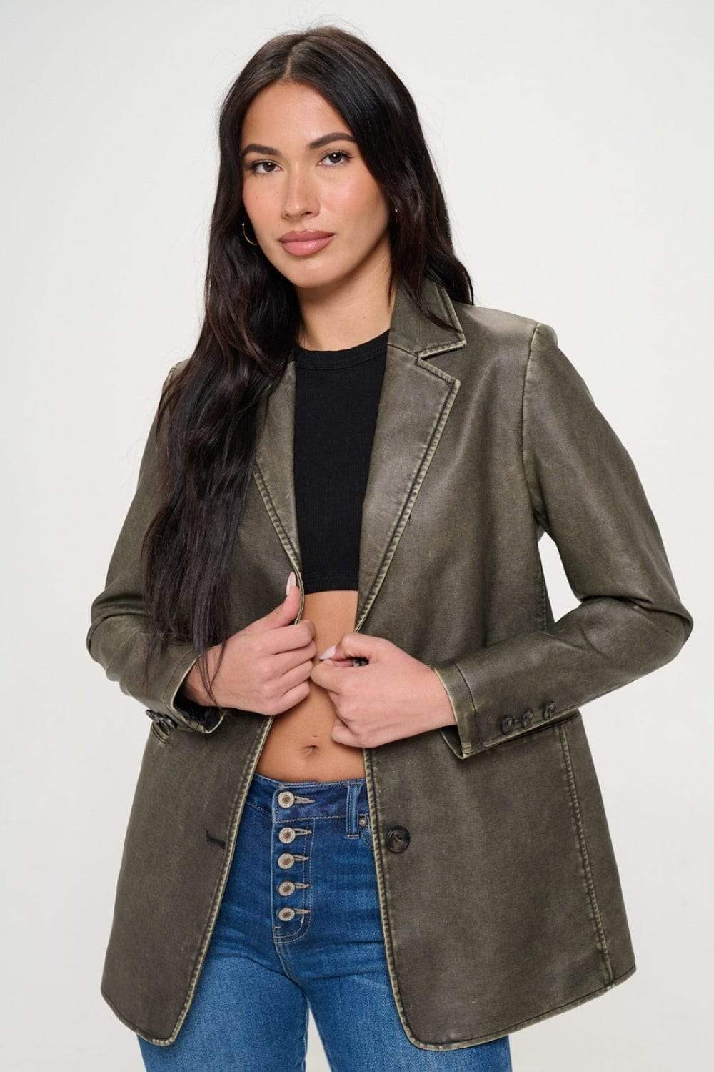 Coalition LA Single-Breasted Vegan Leather Blazer - Trendsi - Flyclothing LLC