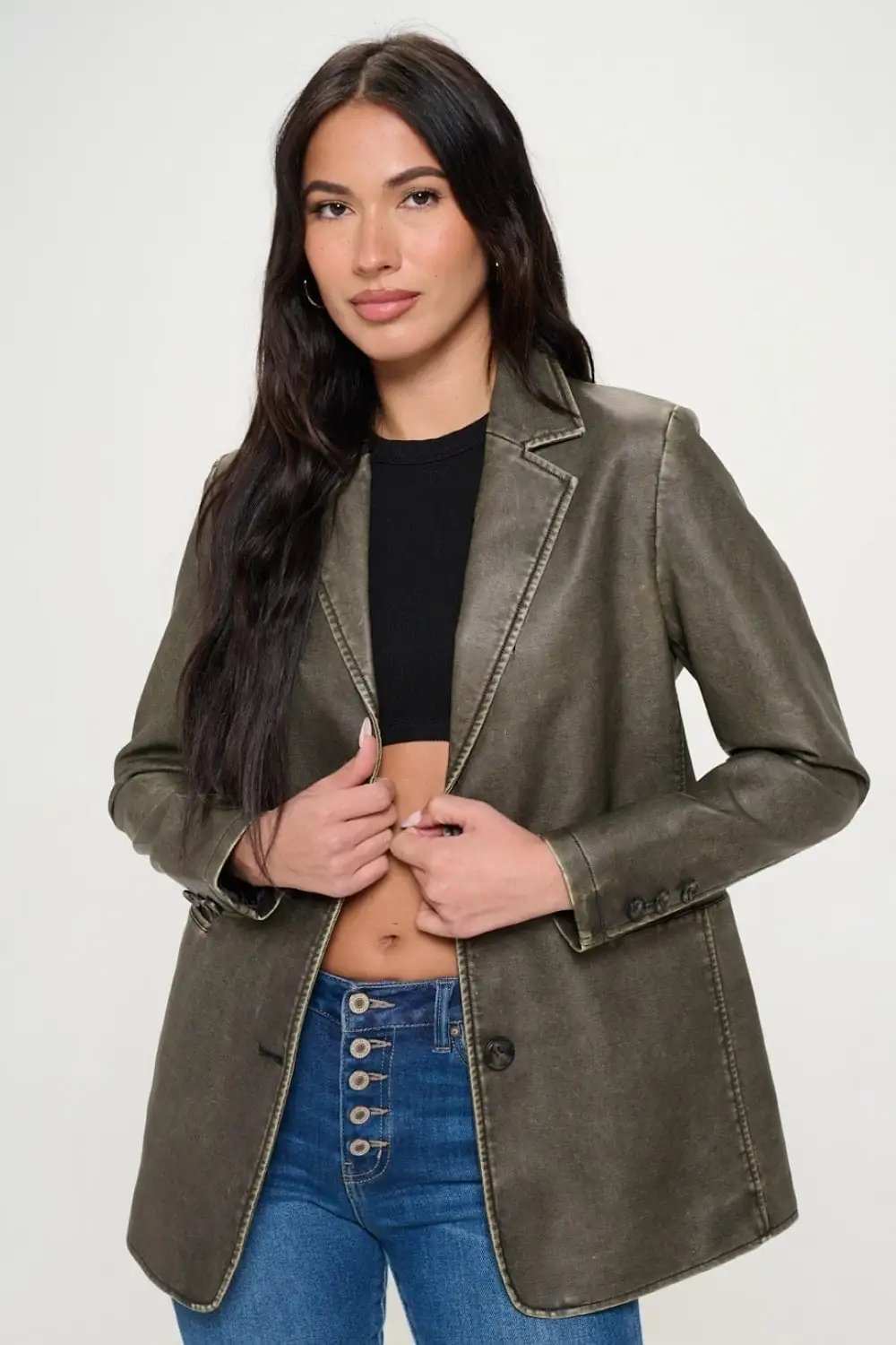 Coalition LA Single-Breasted Vegan Leather Blazer - Trendsi - Flyclothing LLC