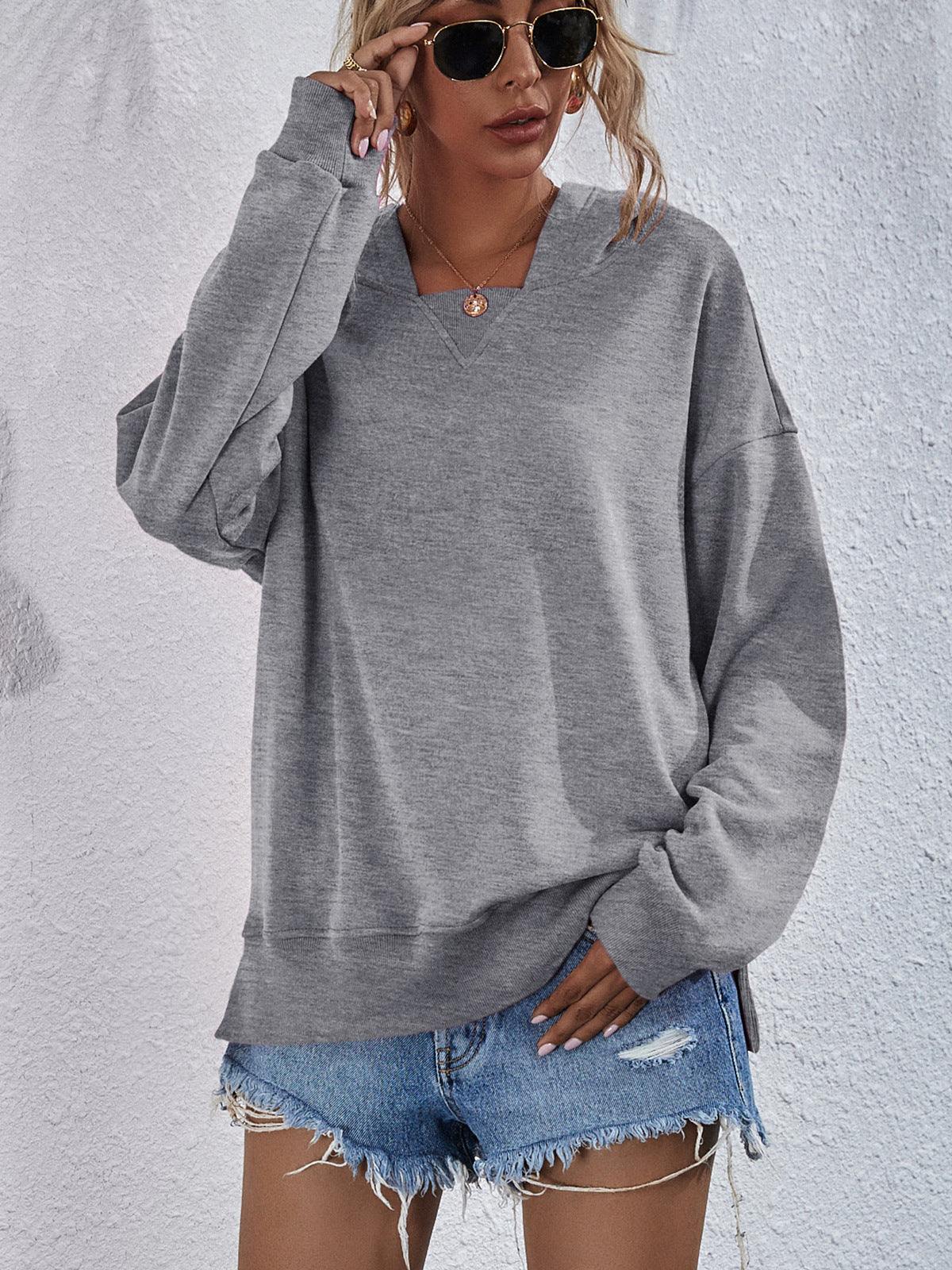 Dropped Shoulder Slit Hoodie - Trendsi