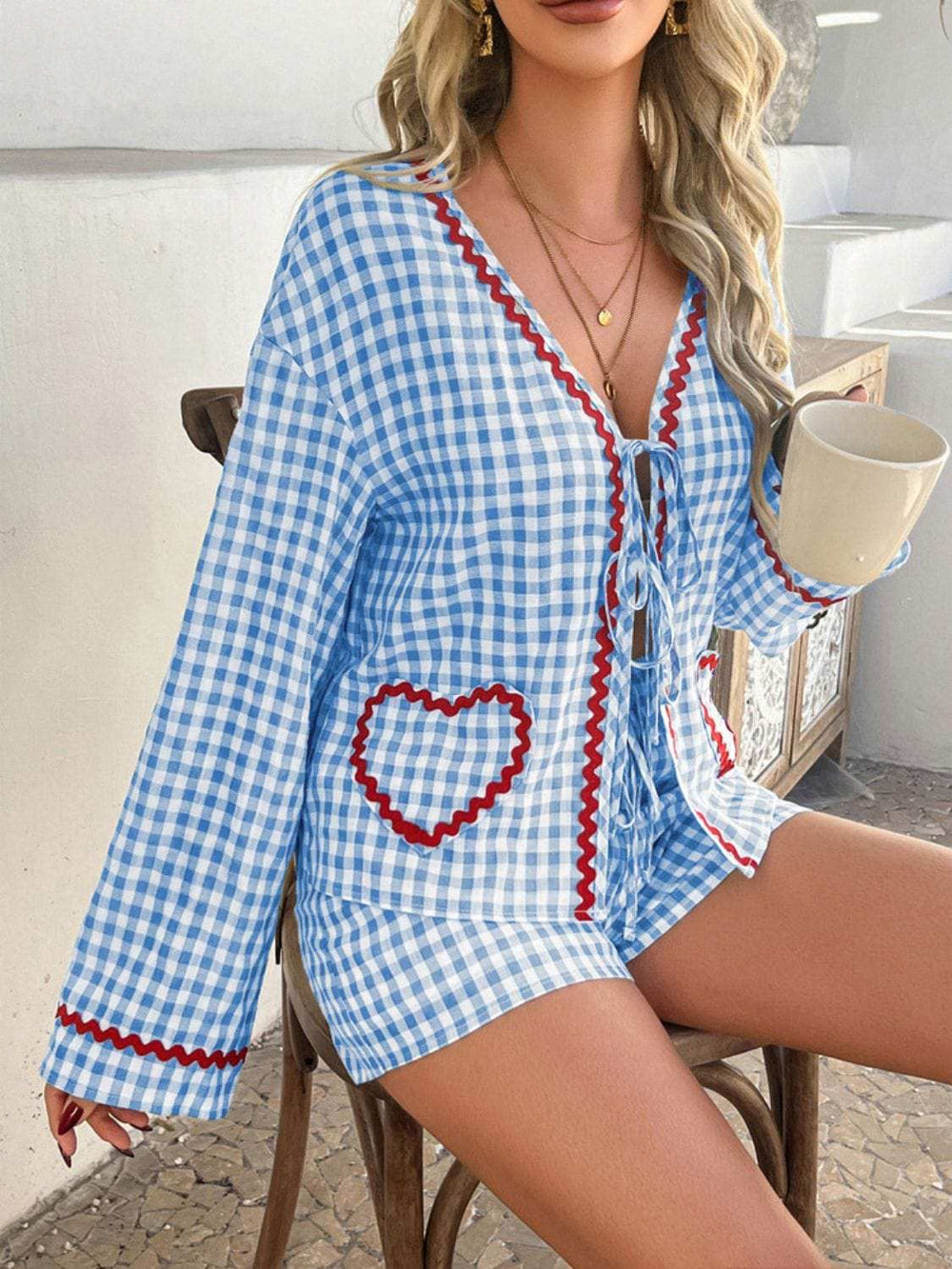 Devine Tie Front Contrast Plaid Shirt and Shorts Set - Trendsi - Flyclothing LLC