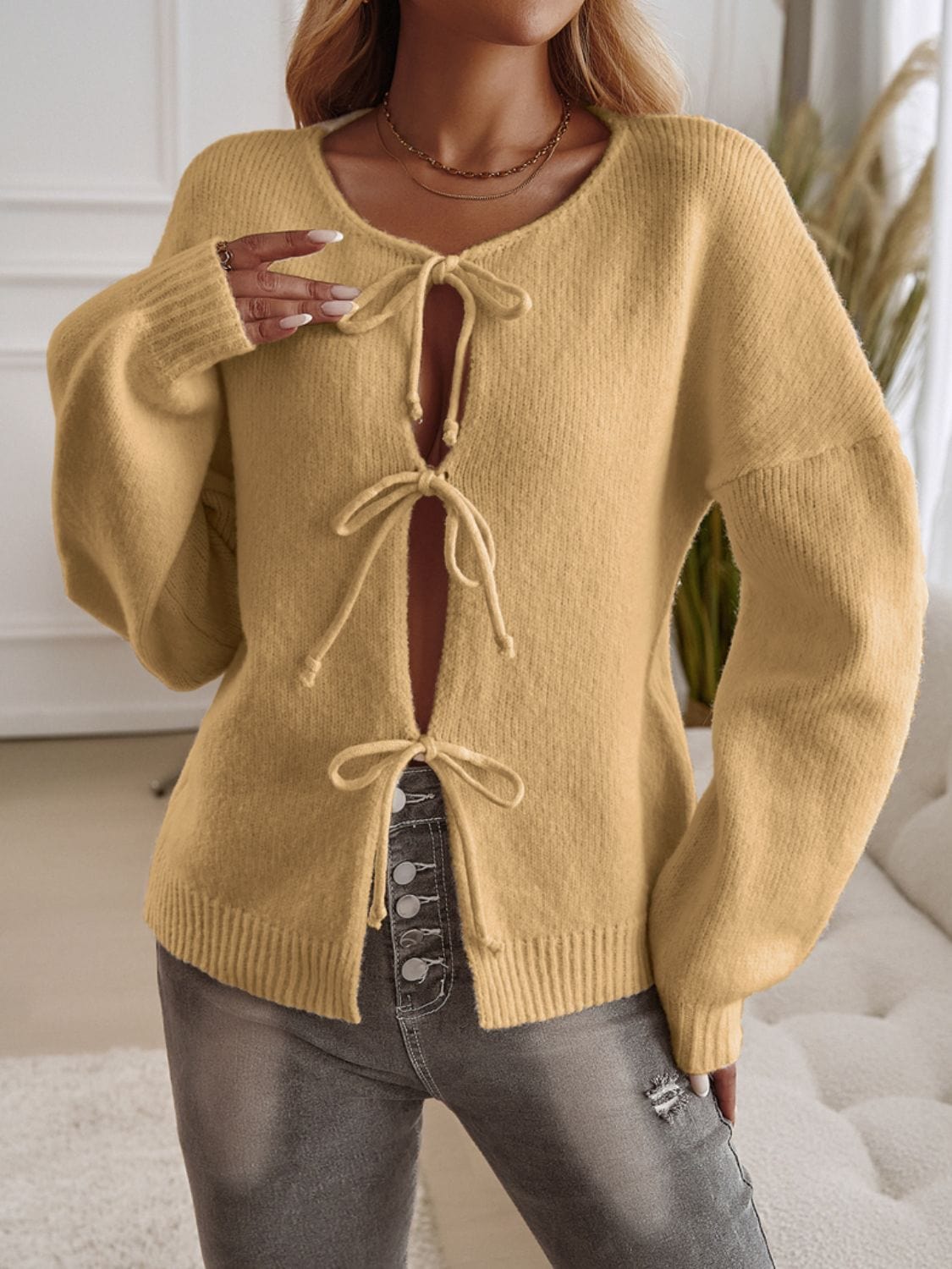 Devine Tied Round Neck Dropped Shoulder Cardigan - Trendsi