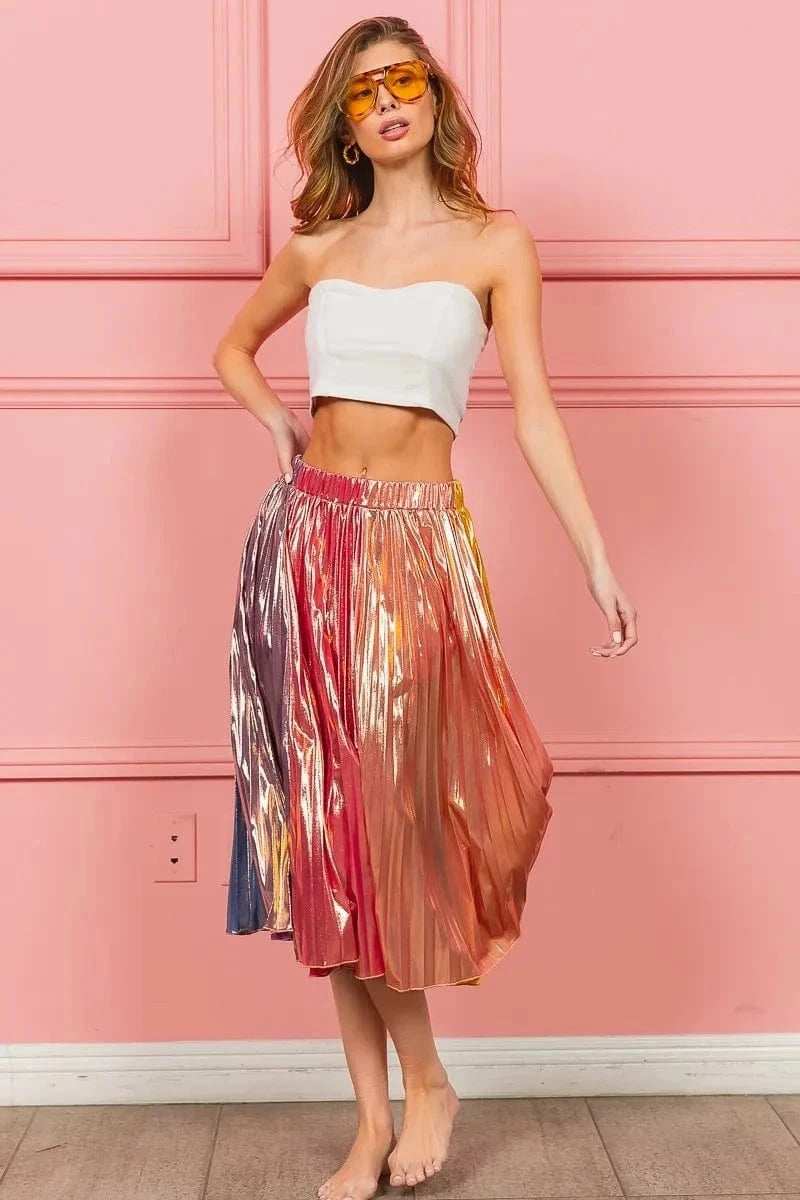 BiBi Metallic Color Block Pleats Midi Skirt - Trendsi - Flyclothing LLC