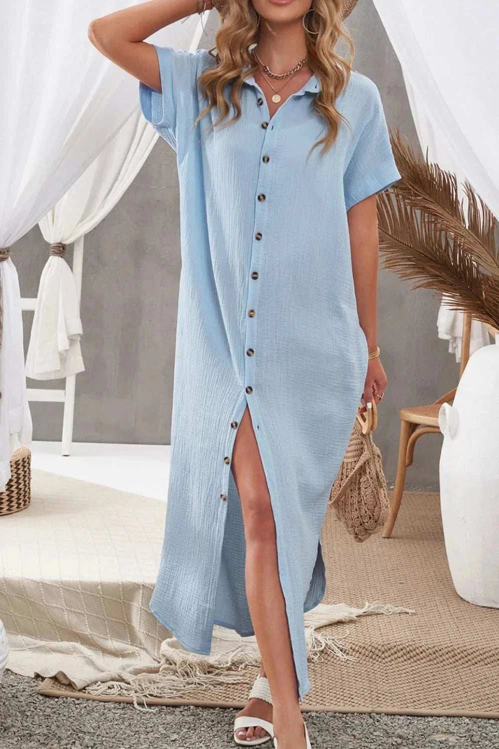 Button Down Short Sleeve Midi Shirt Dress - Trendsi - Flyclothing LLC