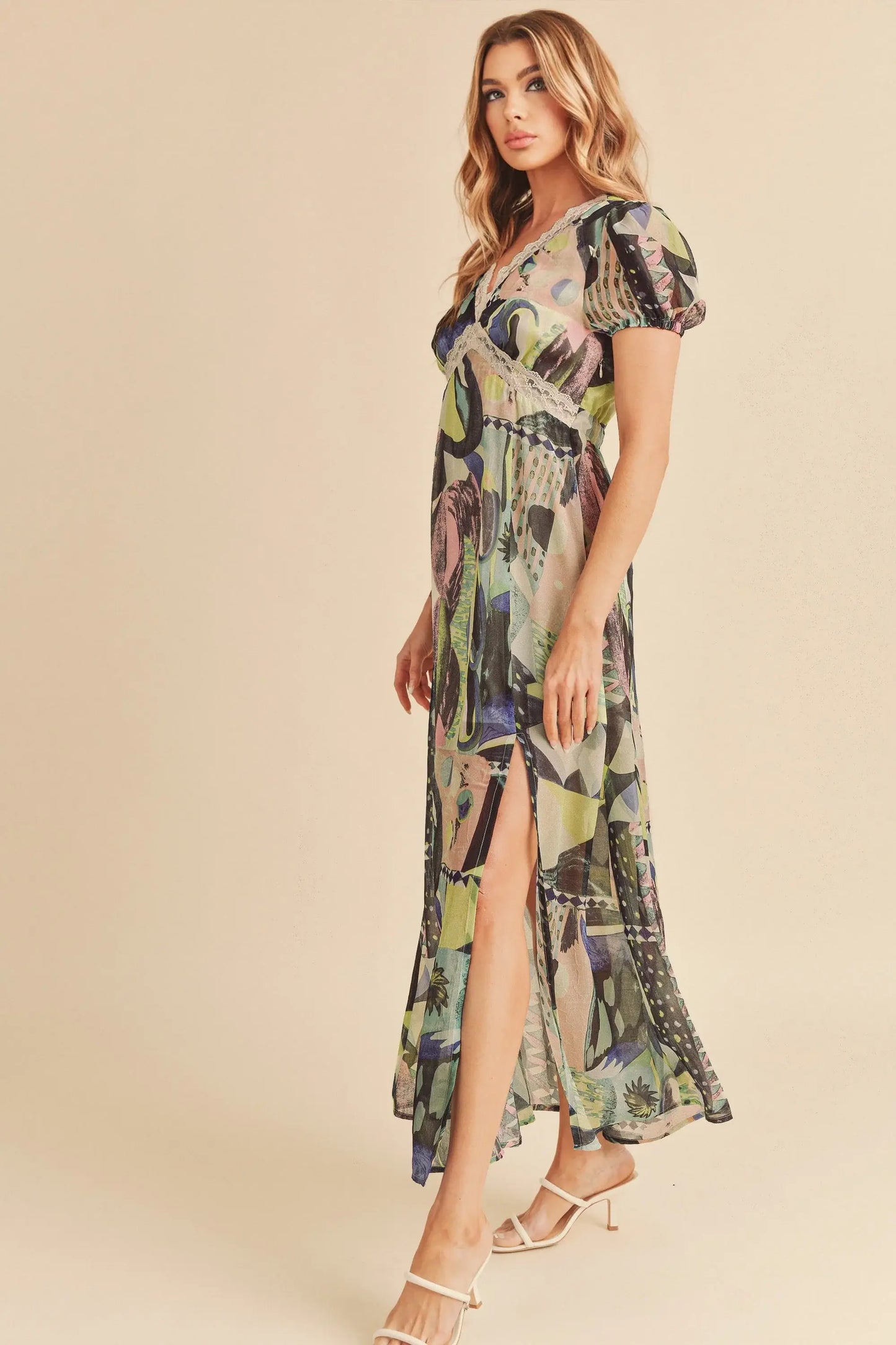 Aemi + Co Lace Detail Slit Geometric Print Short Sleeve Maxi Dress - Trendsi - Flyclothing LLC