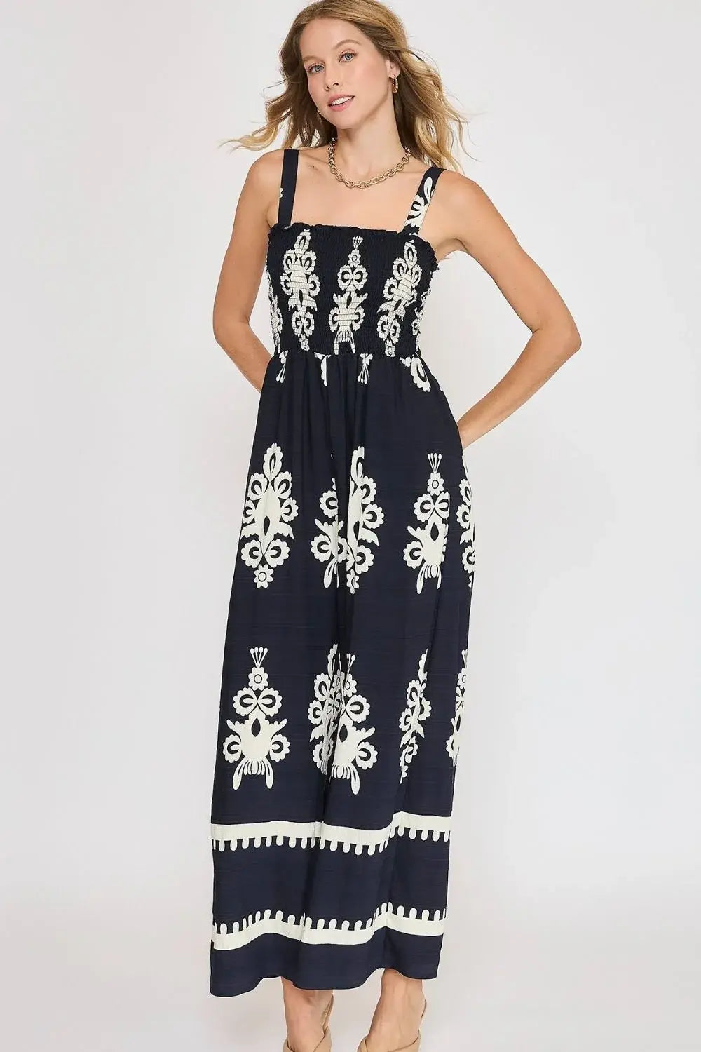 Umgee Full Size Smocked Printed Wide Leg Jumpsuit Plus Size - Trendsi - Flyclothing LLC
