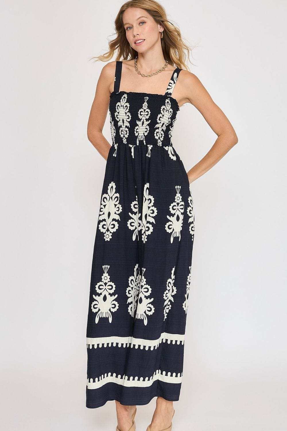 Umgee Full Size Smocked Printed Wide Leg Jumpsuit Plus Size - Trendsi - Flyclothing LLC