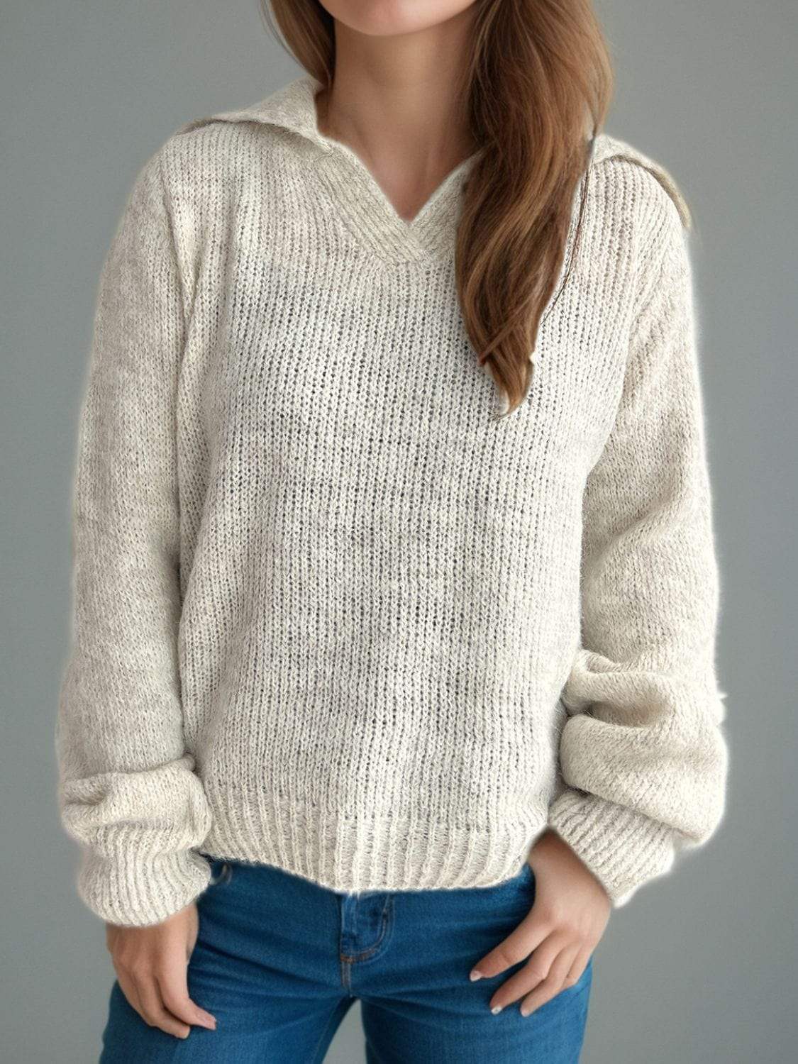 Collared Neck Long Sleeve Sweater - Trendsi - Flyclothing LLC