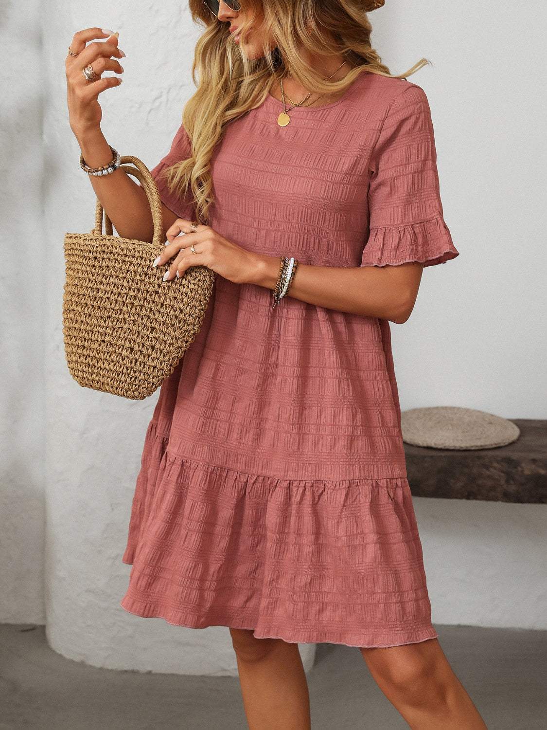 Mandy Ruffled Ruched Round Neck Half Sleeve Dress - Trendsi - Flyclothing LLC