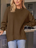 Slit Round Neck Dropped Shoulder Sweater - Trendsi - Flyclothing LLC