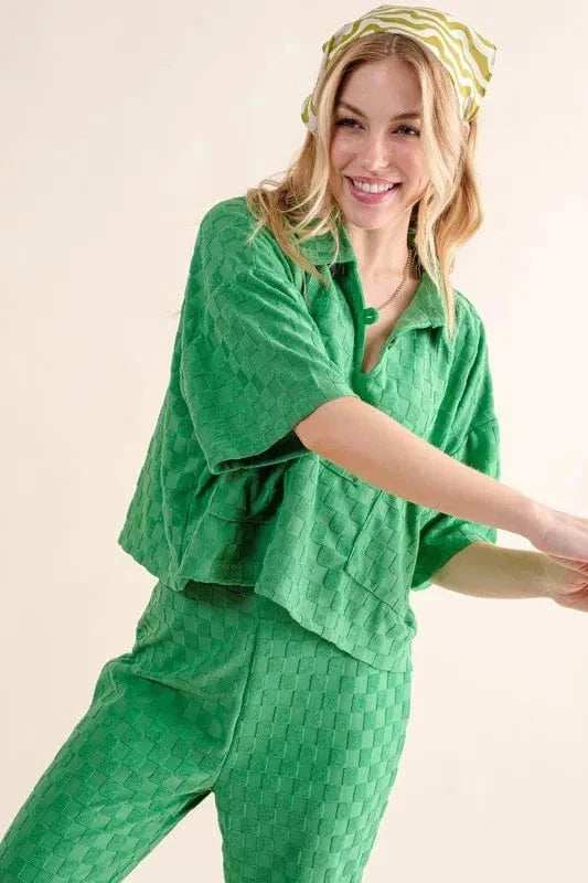 And The Why Brushed Texture Checker Board Pattern Casual Top - Trendsi - Flyclothing LLC