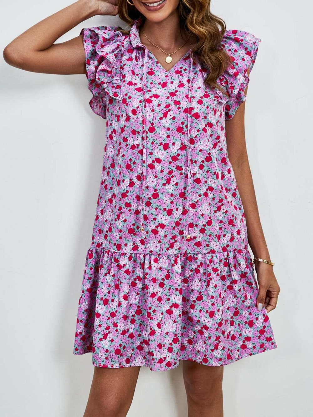 Tied Floral Cap Sleeve Mini Dress - Trendsi - Flyclothing LLC