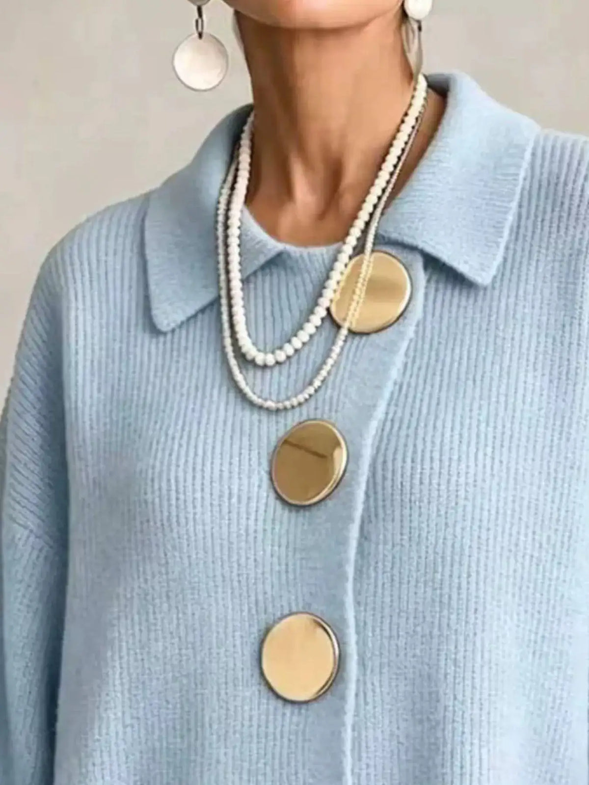 Full Size Gold Buttons Lantern Sleeve Cardigan Plus Size - Trendsi - Flyclothing LLC