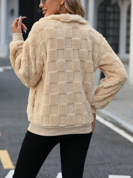 Fuzzy Quarter Zip Long Sleeve Sweatshirt - Trendsi