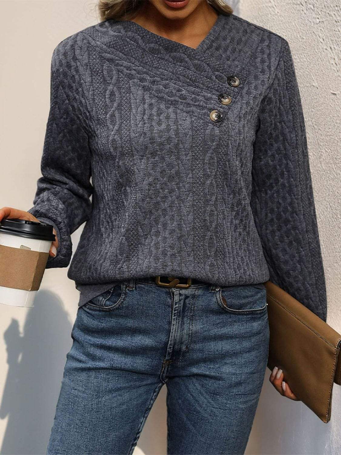 Decorative Button Long Sleeve Sweatshirt - Trendsi - Flyclothing LLC