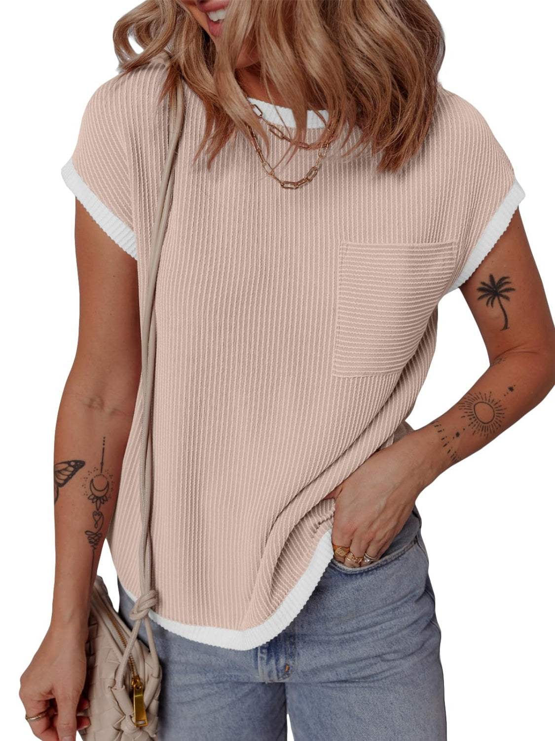 Contrast Trim Round Neck Short Sleeve T-Shirt - Trendsi - Flyclothing LLC