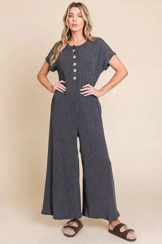 BOMBOM Rib Knit Jumpsuit with Button Detail - Trendsi - Flyclothing LLC