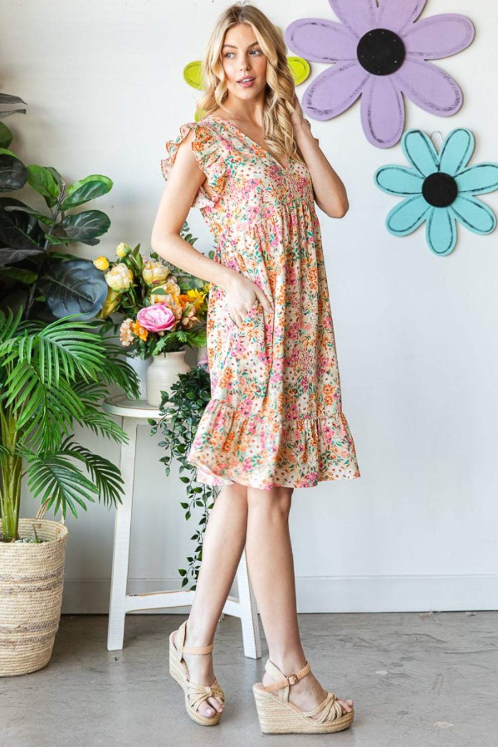 Heimish Full Size Floral Ruffled V-Neck Dress - Trendsi - Flyclothing LLC