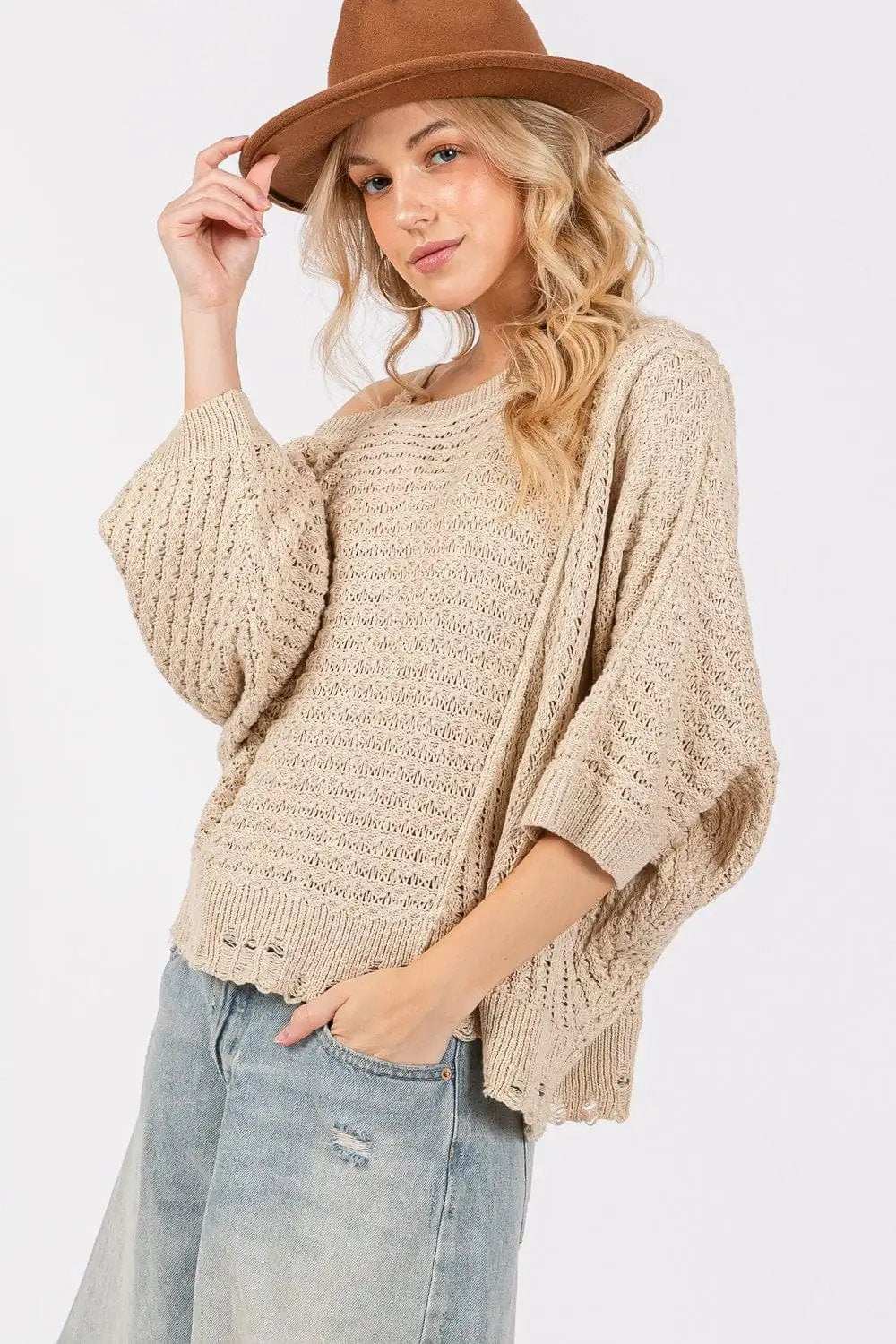 SAGE + FIG Distressed Asymmetrical Open Stitch Sweater - Trendsi - Flyclothing LLC