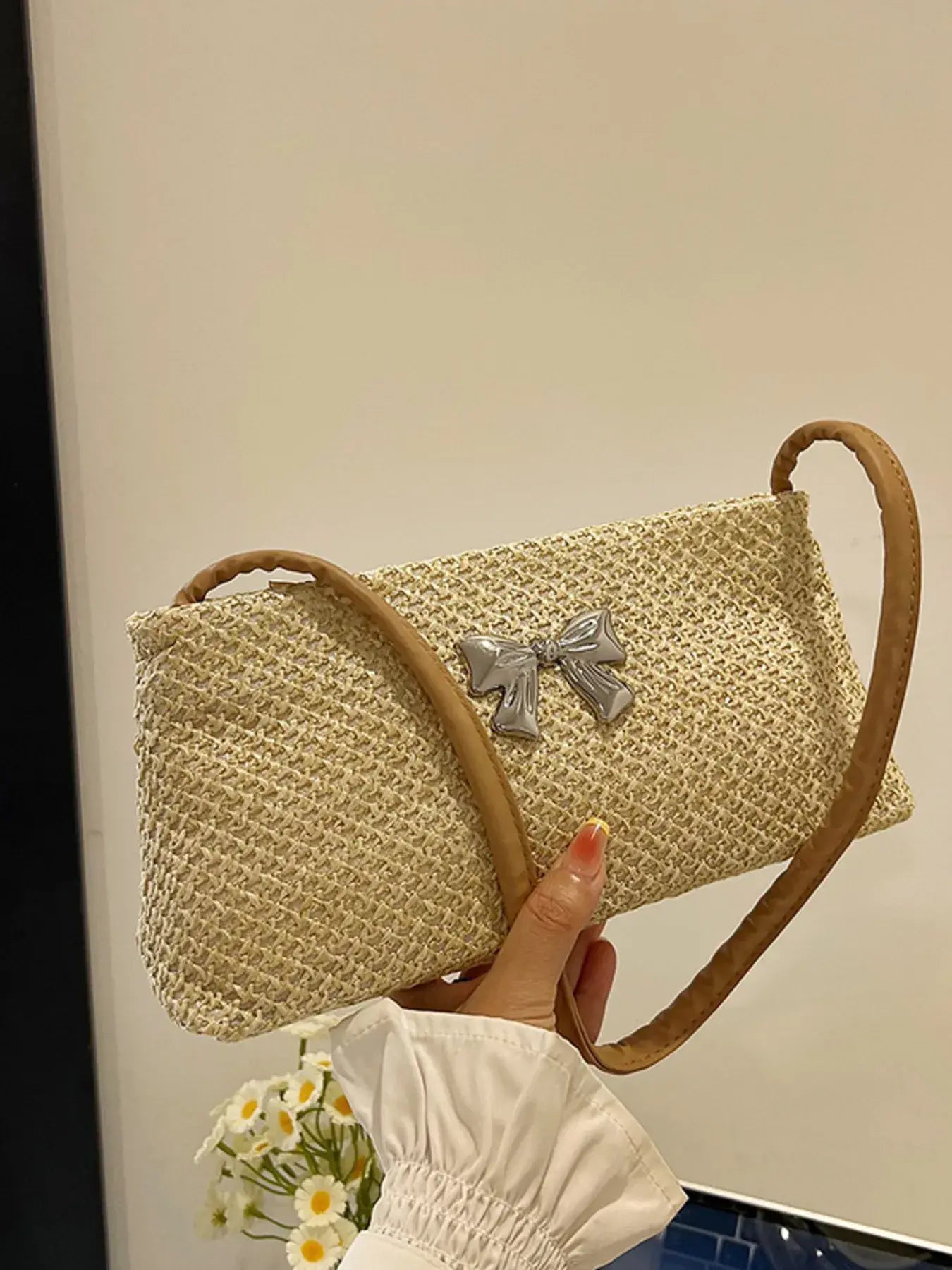 Woven Straw Shoulder Bag with Bow Detail - Trendsi - Flyclothing LLC