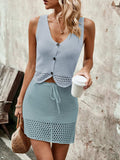 Button Up Sleeveless Top and Drawstring Skirt Set - Trendsi - Flyclothing LLC