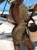 Backless Openwork Drawstring Round Neck Cover Up - Trendsi - Flyclothing LLC