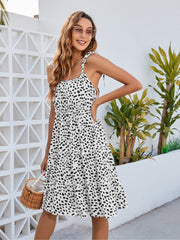 Printed Square Neck Tie Shoulder Dress - Trendsi