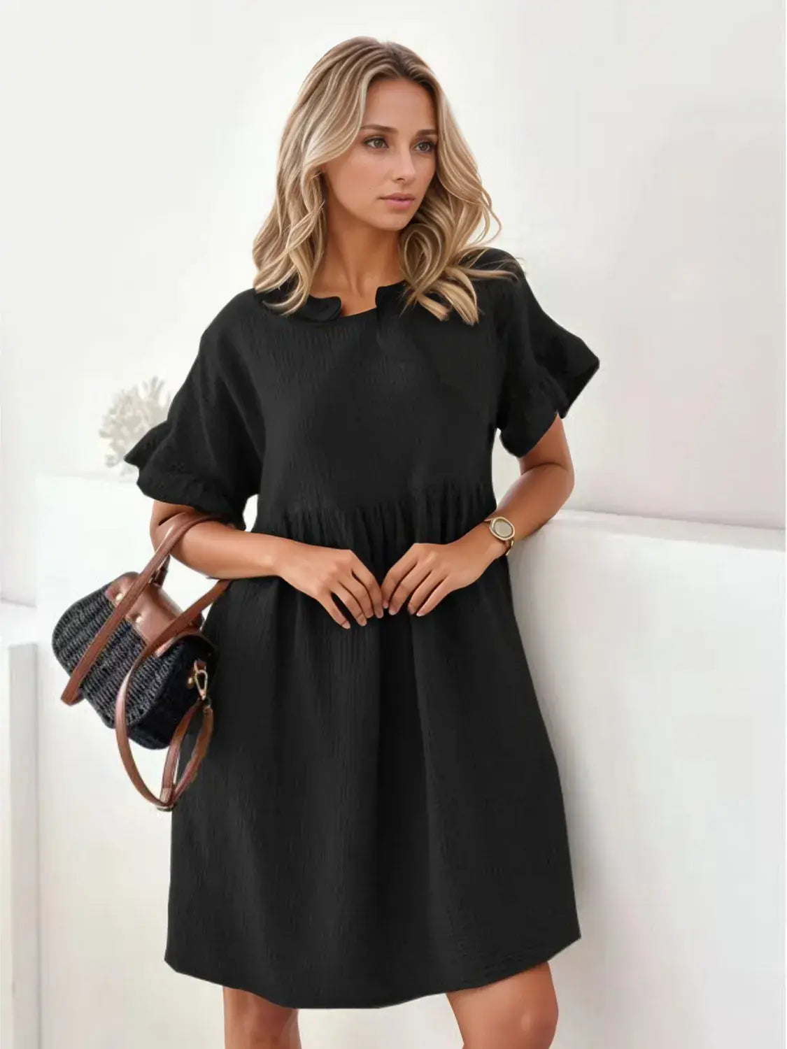 Round Neck Short Sleeve Mini Dress - Trendsi - Flyclothing LLC
