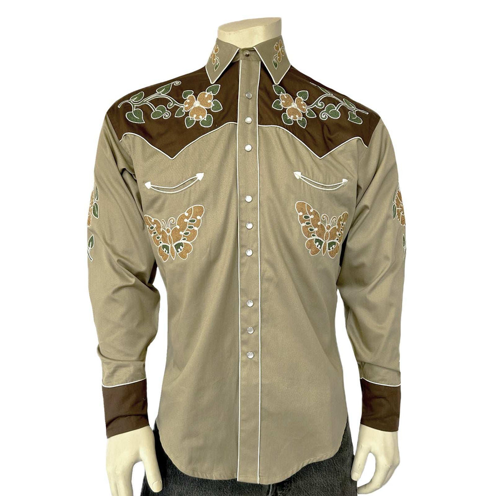 Rockmount Ranch Ware Men's Vintage Tan Floral Butterfly Embroidered Western Shirt - Rockmount Clothing - Flyclothing LLC