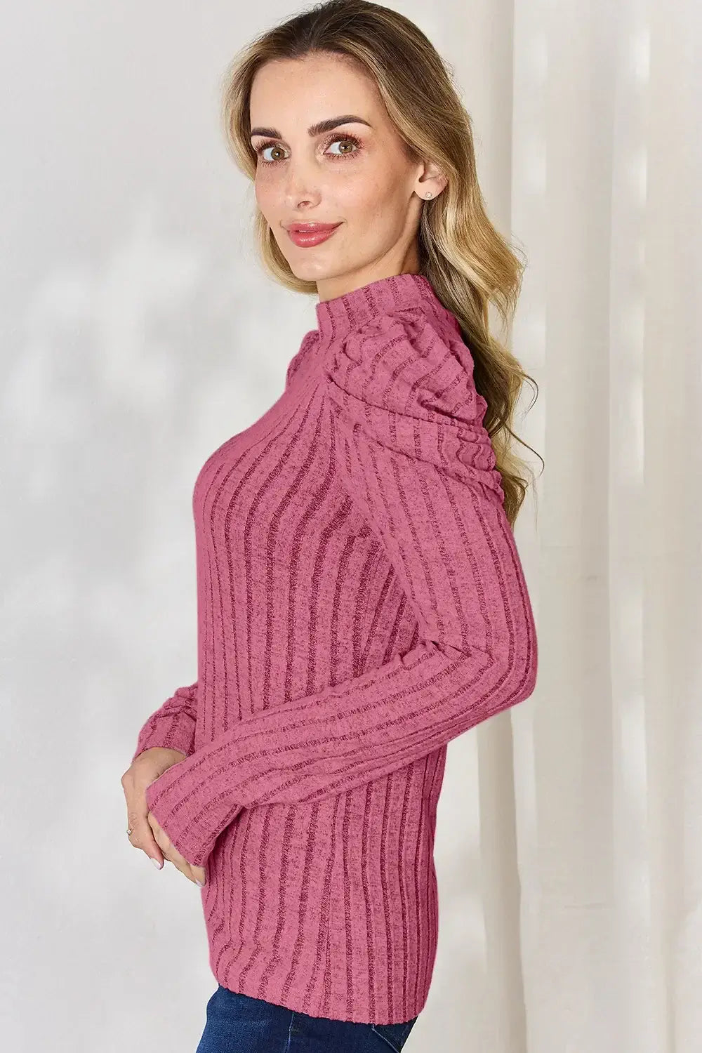 Basic Bae Full Size Ribbed Mock Neck Puff Sleeve T-Shirt - ShopBasicbae - Flyclothing LLC