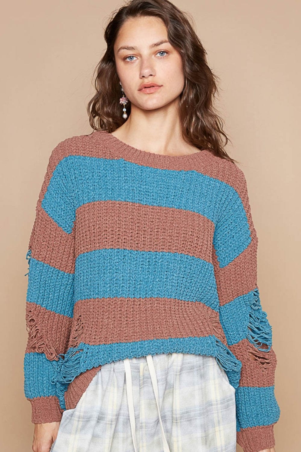 POL Striped Distressed Long Sleeve Sweater - Trendsi
