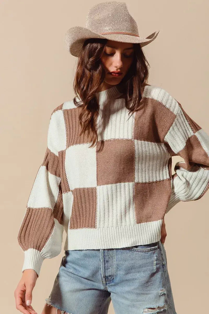 SO ME Ribbed Color Block Checkered Plaid Sweater - Trendsi - Flyclothing LLC