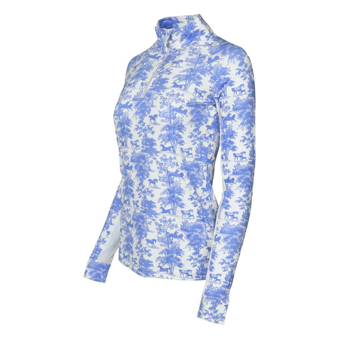 Dapplebay Equestrian Toile 1/4 Zip Light Riding Top - Long Sleeve-Blue/White - Breeches.com - Flyclothing LLC