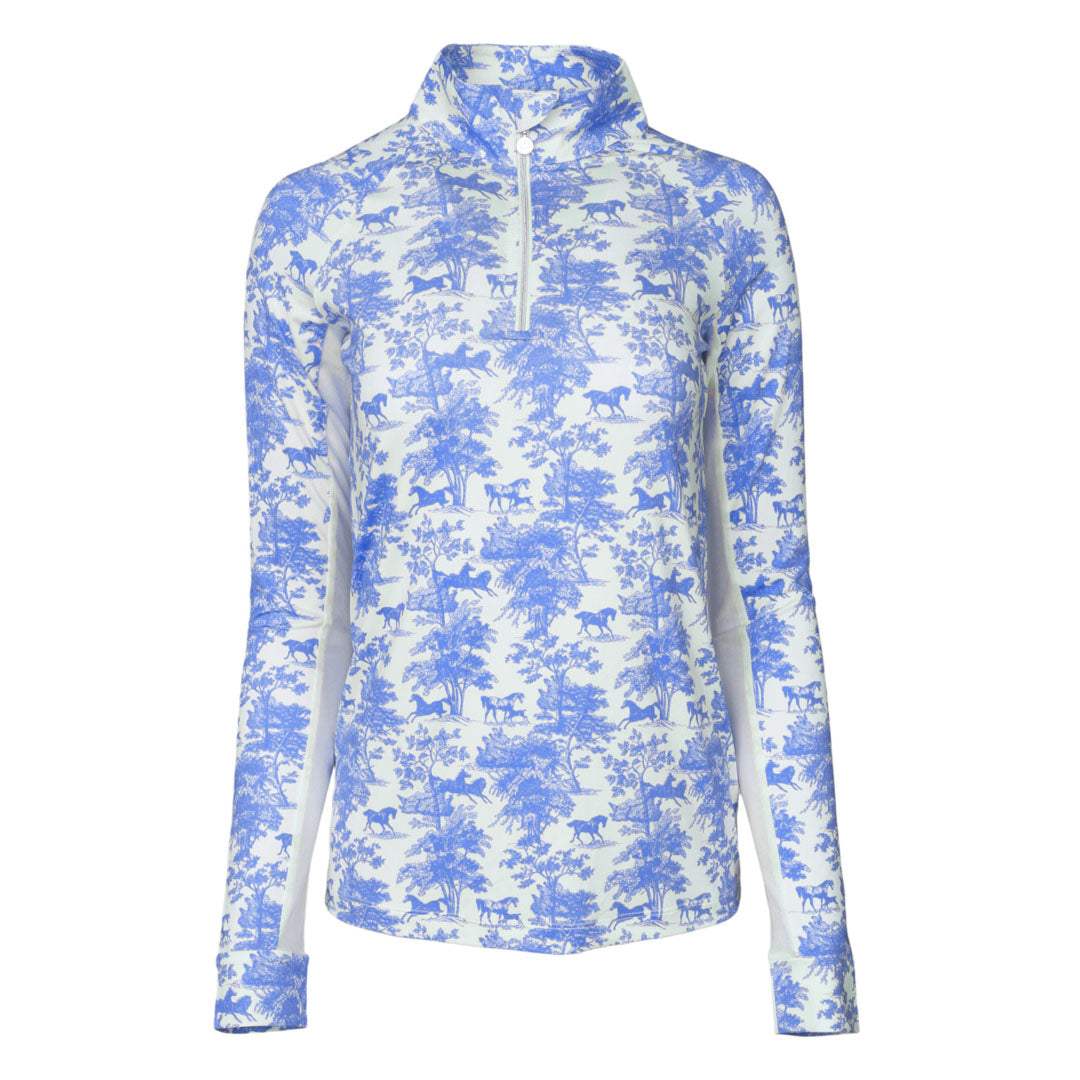 Dapplebay Equestrian Toile 1/4 Zip Light Riding Top - Long Sleeve-Blue/White - Breeches.com - Flyclothing LLC