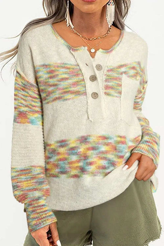 Contrast Half Button Long Sleeve Sweater - Trendsi - Flyclothing LLC