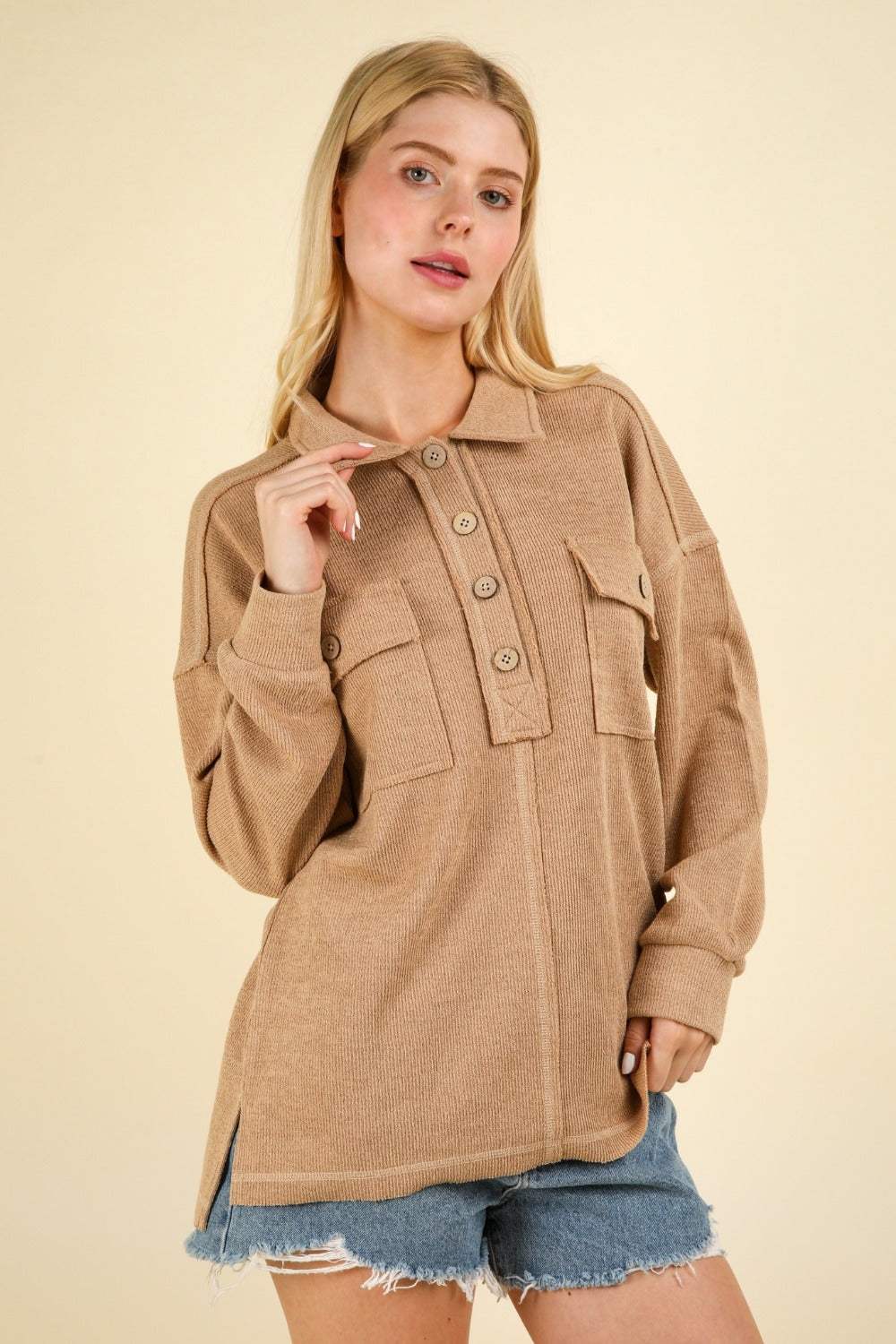 VERY J Collared Half Button Knit Top with Pockets - Trendsi - Flyclothing LLC
